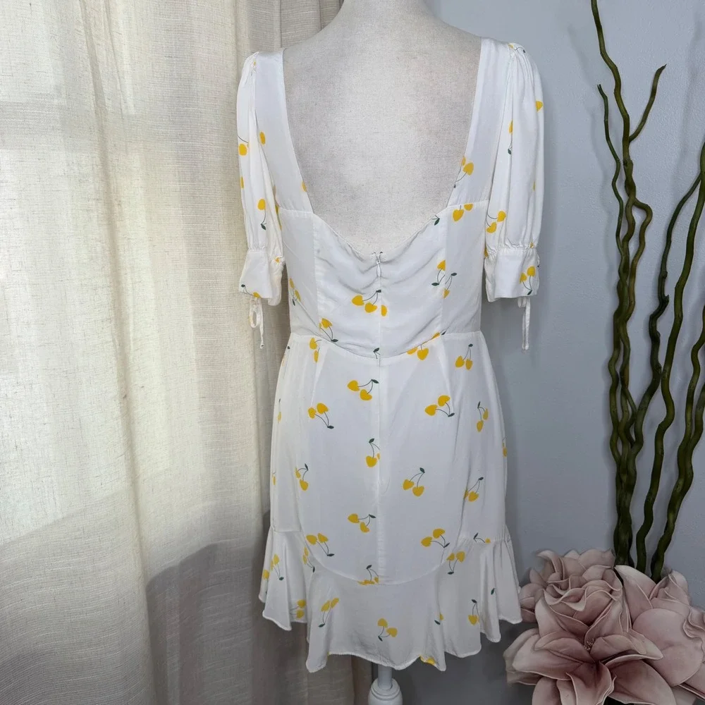 For Love & Lemons Ashland Cherry Print‎ Lace Up Ruffle Mini Dress White Medium